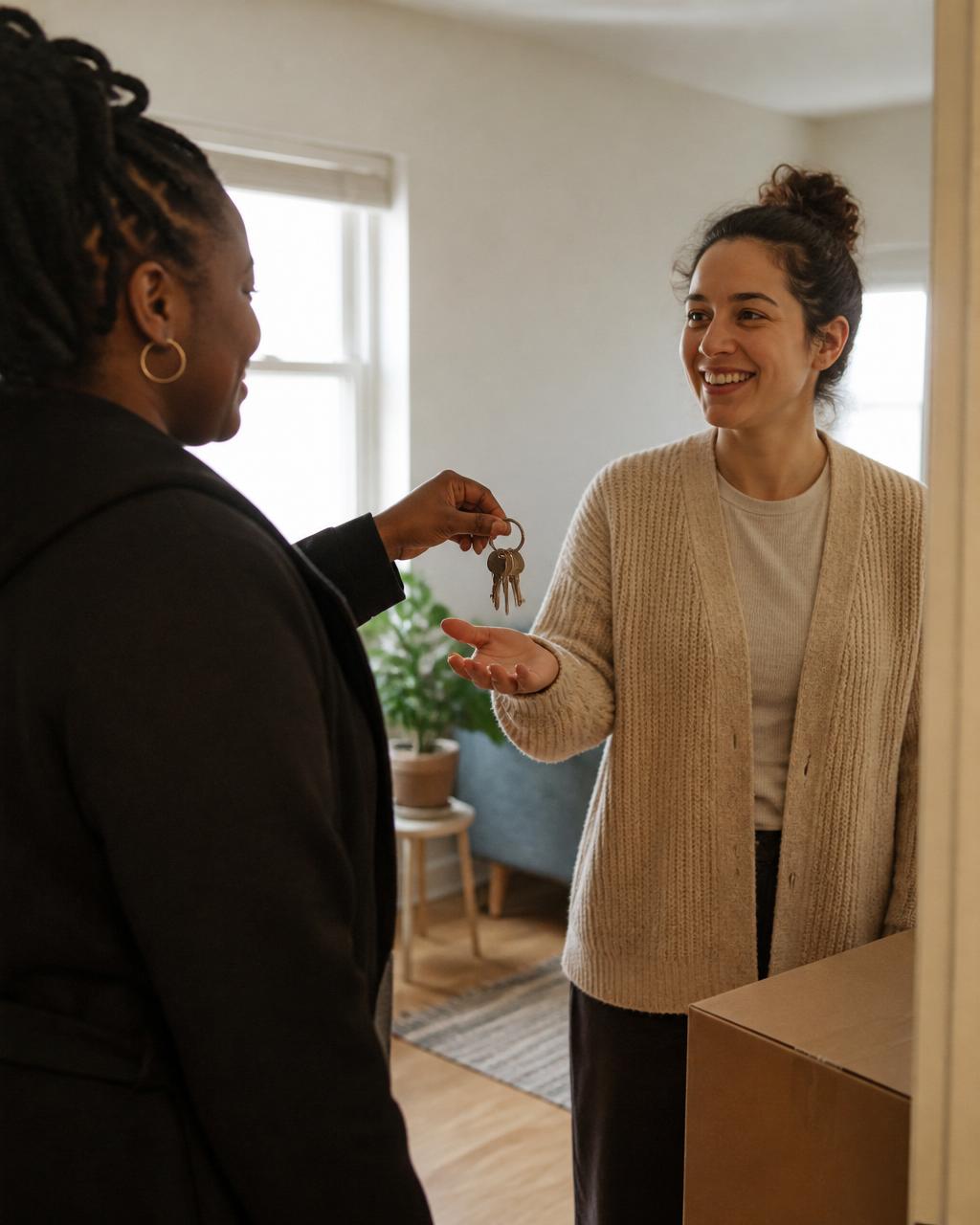 A neighbor welcomed into a new apartment with an embrace